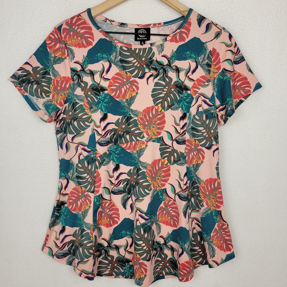 Bobeau Womens Tropical Leaf Print Top‎ M Pink Teal Resort Beach Stretch